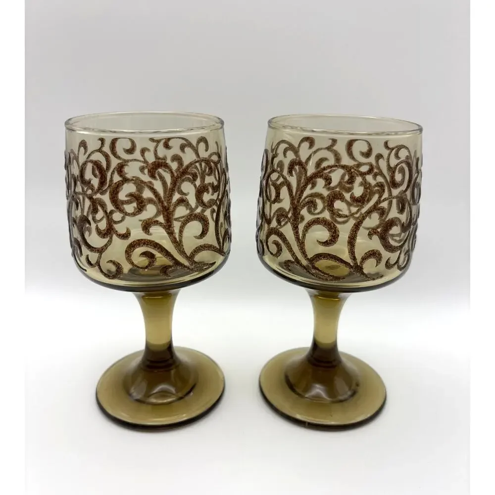 Vintage Libbey Prado Water Goblets (3)Wine Goblets(2) Scroll Pattern Brown